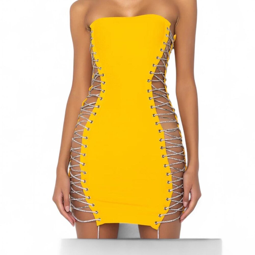 ALL THE RIGHT PLACES BANDAGE MINI DRESS YELLOW   Size large Sold out!!   Akira s